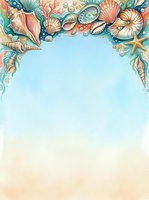 Watercolor marine frame with seashells, starfish, coral and bubbles on ocean gradient background for summer designs and coastal themed projects.