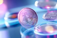 Shiny cryptocurrency coin with bitcoin symbol on blurred blue background with bokeh lights and reflective surface, modern digital finance concept.