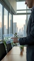 Caucasian male professional in dark business suit holding transparent digital tablet displaying customer service portal interface in modern high-rise office with city skyline view through floor-to-ceiling windows.