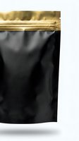 Black and gold foil stand-up pouch with zip lock closure isolated on white background for premium product packaging and branding applications.