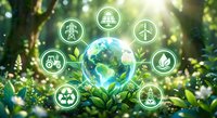 Green earth globe surrounded by renewable energy icons in lush forest setting representing sustainable technology and environmental conservation solutions.