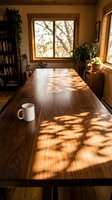 Warm sunlight streams through wooden-framed windows onto a long wooden table with a white mug, creating dappled shadows in a cozy home office or study room with bookshelves and plants.