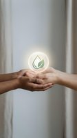 Two hands of different ethnicities holding a glowing leaf icon symbolizing environmental sustainability, eco-friendly practices, and green energy solutions for corporate and conservation campaigns.