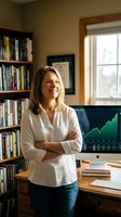 Confident middle-aged Caucasian businesswoman with crossed arms smiling in home office with financial charts on computer screen and bookshelf background.