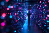 Silhouette walking through futuristic tunnel with glowing pink and blue particles, dark corridor with floating light orbs creating magical atmosphere.