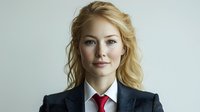 Professional blonde businesswoman in formal suit with red tie smiling confidently at camera against neutral background for corporate presentations.