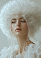 Young Caucasian woman with dandelion seeds crown wearing white ethereal dress against light background, artistic fashion portrait with soft natural makeup and dreamy expression.