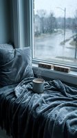 Cozy window seat with steaming mug on gray blanket, stay home letter blocks on rainy day windowsill, hygge comfort mood.