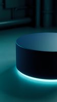 Dark cylindrical podium with glowing teal neon light base on a moody dark background, perfect for product display and showcase.