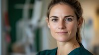 Young Caucasian female healthcare professional in teal scrubs smiling warmly at camera with confident expression against blurred hospital background.