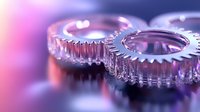 Metallic gear wheels in motion with pink and purple lighting effects, macro photography showing industrial mechanical parts with selective focus and bokeh.