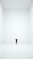 Lone businessman silhouette standing in vast empty white minimalist space with hands on head showing confusion or stress in corporate environment.