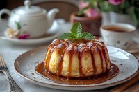 Golden caramel flan dessert with mint garnish on elegant plate beside floral tea set for afternoon dining and hospitality presentations.