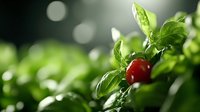 Fresh red cherry tomato and vibrant basil leaves against blurred green background with bokeh lights, macro food photography highlighting natural organic ingredients.
