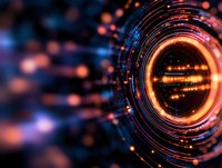 Glowing orange and blue circular tunnel with light streaks and bokeh effects creates futuristic technological abstract background for digital concepts.