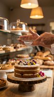 Professional baker hands dusting powdered sugar over layered cake with edible flowers in warm artisan bakery kitchen for culinary presentation.