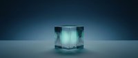 Frozen ice cube with crystalline structure and cool blue-green tones, isolated on gradient background for beverage, cooling, and design projects.