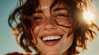 Young woman with freckles laughing joyfully in golden sunlight with windswept hair against blue sky background for lifestyle and happiness concepts.