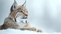 Majestic lynx resting in snow with alert expression, sharp facial features and distinctive ear tufts against winter background, showcasing wildlife in natural habitat.