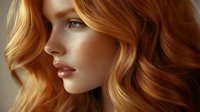 Young woman with golden wavy hair and natural makeup in profile view against dark background, soft lighting highlights facial features and honey-blonde curls.
