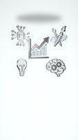Monochrome sketch illustration featuring growth chart, lightbulb, brain, circuit board, and tools arranged around upward arrow. Isolated on white background for business presentations and web design.