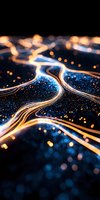 Abstract glowing light trails and bokeh effects create futuristic network visualization with orange and blue illuminated paths against dark background.