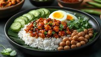 Healthy bowl with white rice, spicy chickpea stew, boiled egg, fresh cucumber slices and beans. Vegetarian protein-rich meal served on dark plate with garnish.