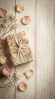 Vintage floral gift box tied with ribbon, surrounded by dried roses and petals on rustic white wood background, romantic shabby chic style.