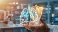 Physician holding glowing holographic lungs with shield symbol in modern medical laboratory environment, representing respiratory health protection and digital healthcare technology.