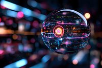 Futuristic glowing sphere with digital circuitry patterns floating against dark background with colorful bokeh lights, representing advanced technology concept.