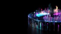 Glowing digital audio spectrum visualization with neon blue and purple light bars on dark background, modern music equalizer display for sound technology.