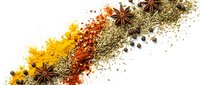 Colorful spices and herbs arranged in diagonal line on white background. Turmeric, paprika, star anise, peppercorns create vibrant culinary display for cooking.