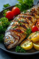 Grilled whole fish garnished with fresh herbs, lemon slices, cherry tomatoes and parsley on dark plate. Close up of Mediterranean style seafood dinner.