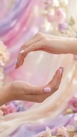 Two female hands with pink manicure positioned protectively over soft floral background with pink and purple tones, ideal for beauty, skincare, wellness and cosmetics marketing.