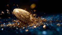 Golden cryptocurrency coin shattering into glowing particles against dark blue background with bokeh light effects and dramatic lighting. Digital finance concept.
