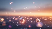 Magical crystals floating in dreamy sunset light with bokeh effects and sparkles, creating mystical atmosphere for spiritual and wellness designs.