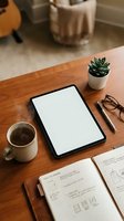 Modern workspace with blank tablet screen, coffee cup, succulent plant and planning notebook on wooden desk for productivity and business planning.