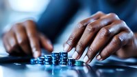 African American hands adjusting professional audio mixing console controls in recording studio, close-up view of fingers on blue-lit sound equipment faders.