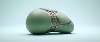 Sage green spheres connected by ornate silver metallic band on neutral background, isolated for design projects, branding, and contemporary art applications.