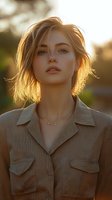 Young woman with short blonde hair in beige shirt jacket illuminated by warm sunset light, natural makeup, soft dreamy expression, golden hour portrait outdoors.
