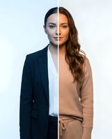 Professional businesswoman split portrait showing formal suit and casual wear representing work life balance and career flexibility.