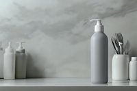 Minimalist bathroom counter with gray pump bottle, white containers and utensil holder against neutral wall. Clean modern home organization setup.