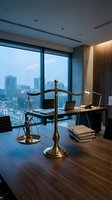 Modern law office interior with golden scales of justice on wooden desk overlooking city skyline through large windows for legal business concepts.