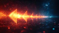 Glowing neon arrow points left against cosmic background with orange and blue light effects, sparkles and particles creating futuristic sci-fi atmosphere.