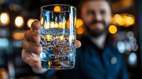 Bartender holding crystal glass with sparkling water and ice cubes against blurred bar background with warm bokeh lights, close-up view of refreshing drink.