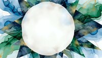 Abstract watercolor frame with flowing blue and green brushstrokes surrounding white circle space for text or logo design elements.