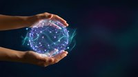 Hands holding glowing digital sphere with circuit patterns and network connections, representing technology innovation, data processing, artificial intelligence, and digital transformation concepts.
