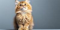Fluffy ginger Persian cat with white chest sitting attentively against gray background, looking up with bright eyes and expressive face. Studio lighting highlights luxurious fur.