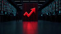 Red glowing upward arrow against digital matrix background in dark server room with binary code displays, representing financial growth and market trends.