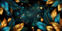 Mystical turquoise and golden feathers floating in dark space with glowing particles and bokeh effects create magical fantasy atmosphere for decorative design.